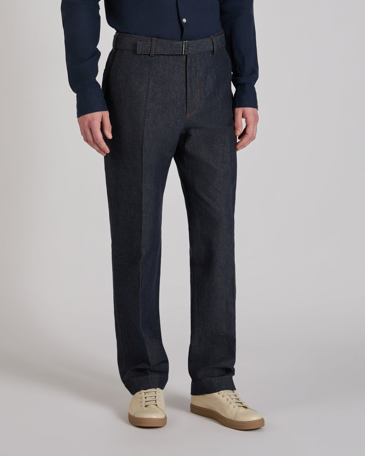Straight fit stretch cotton and linen trousers