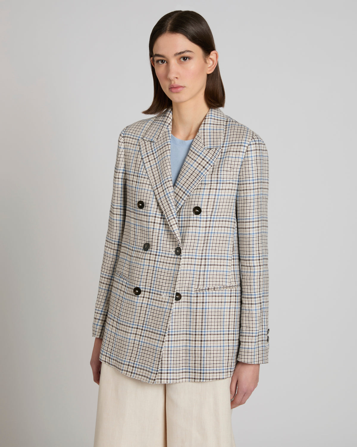 Double-breasted Prince of Wales linen jacket