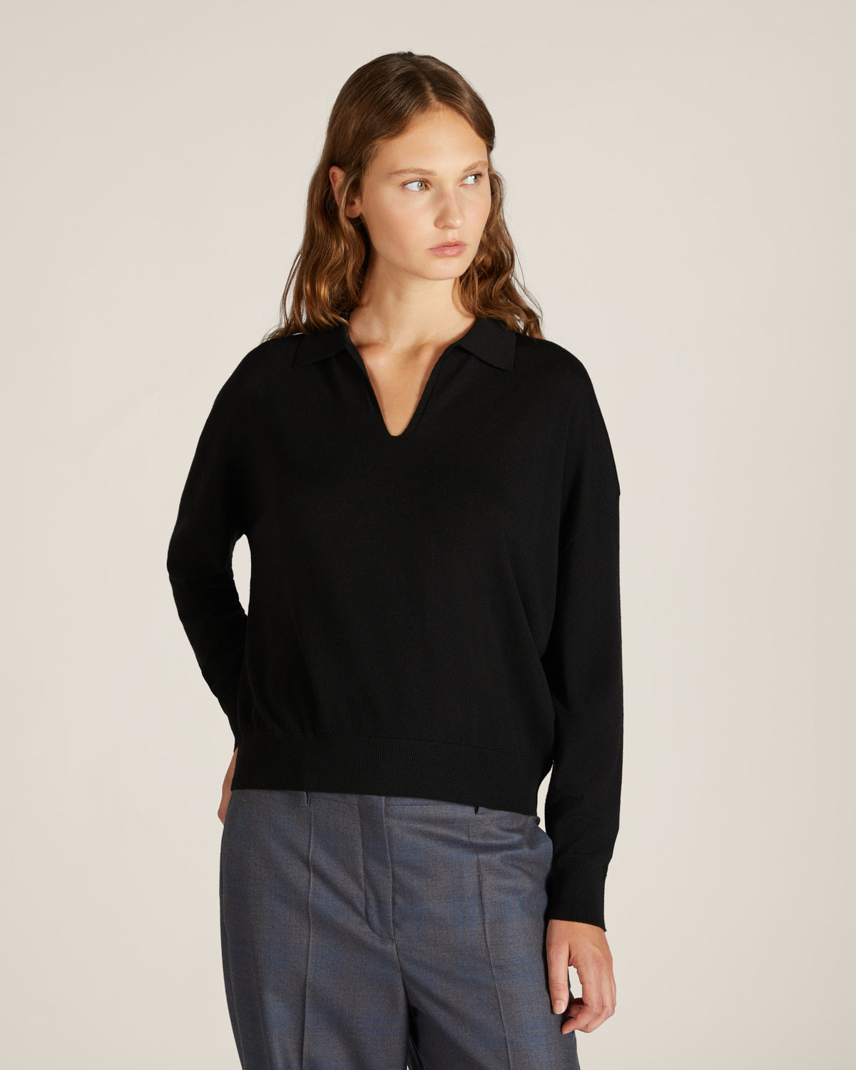Wide fit V neck polo shirt in Flexwool