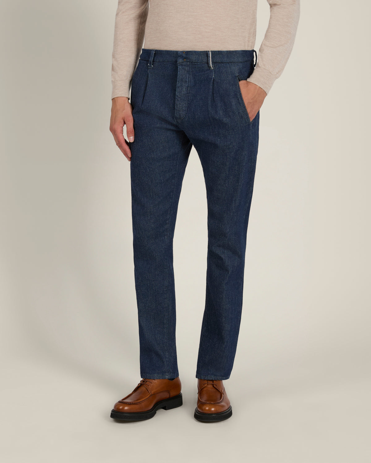 Tapered fit stretch selvedge denim trousers