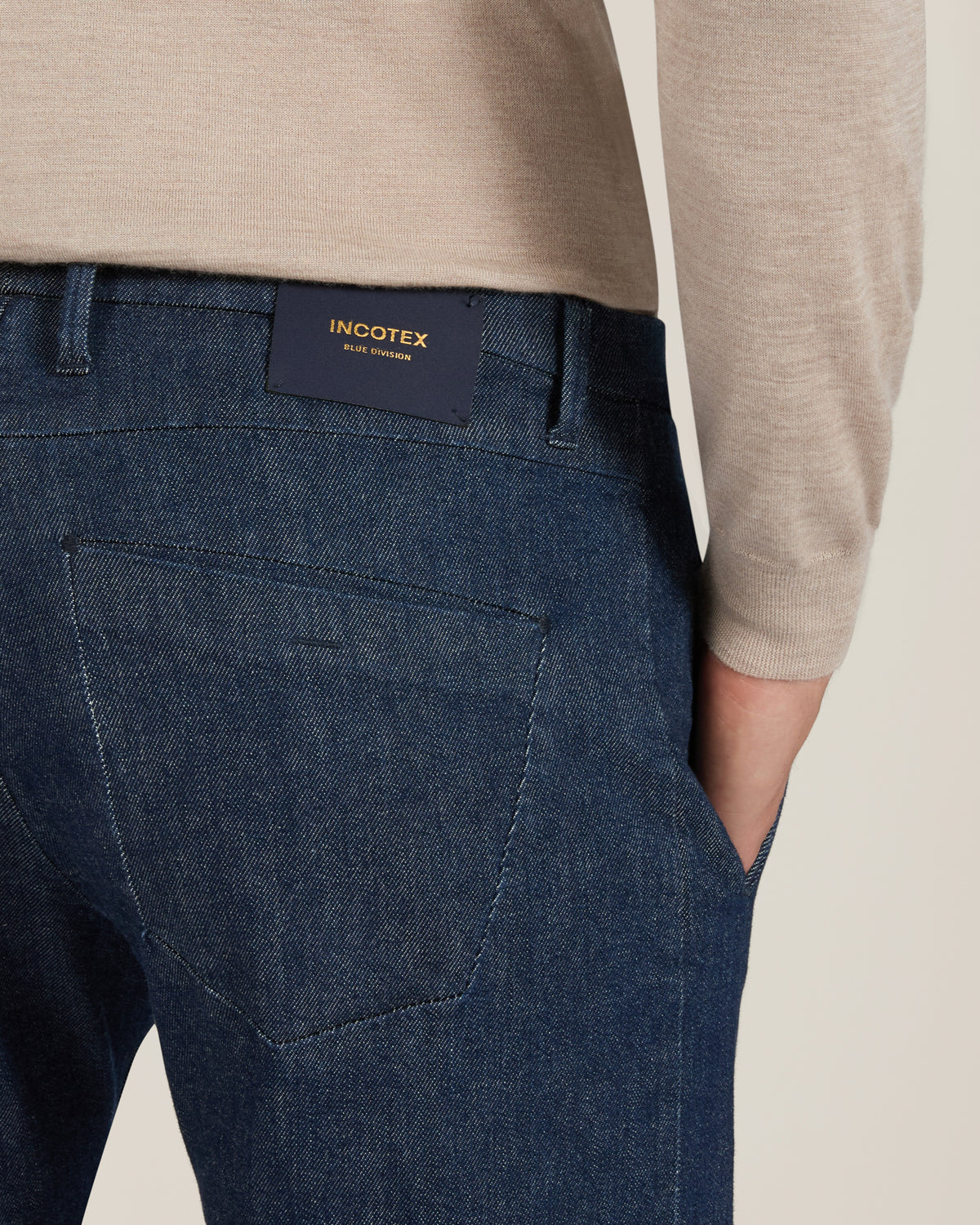 Tapered fit stretch selvedge denim trousers